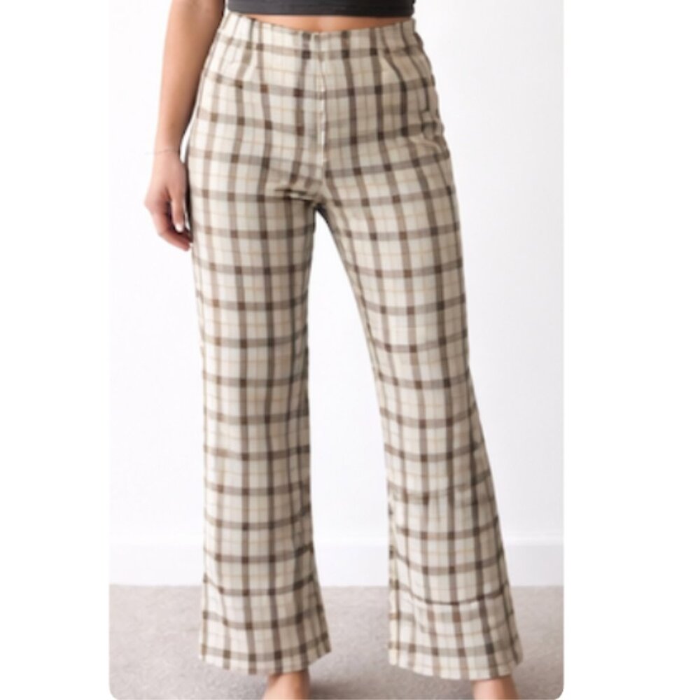 Princess Polly Cream Plaid Wide-Leg Pants with Brown Grid